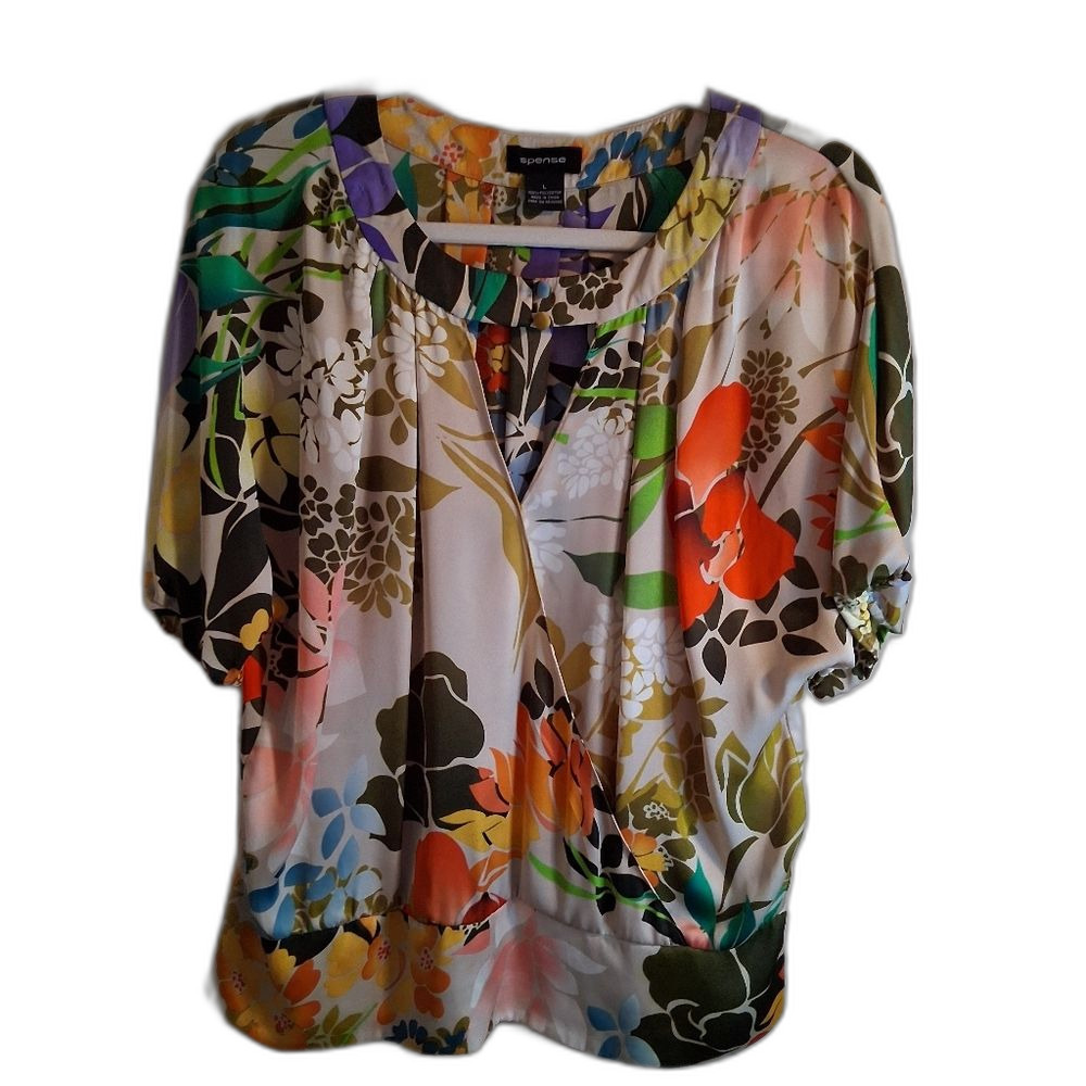 Spense Multicolor Floral Puff Sleeve Blouson Wrap Front Blouse